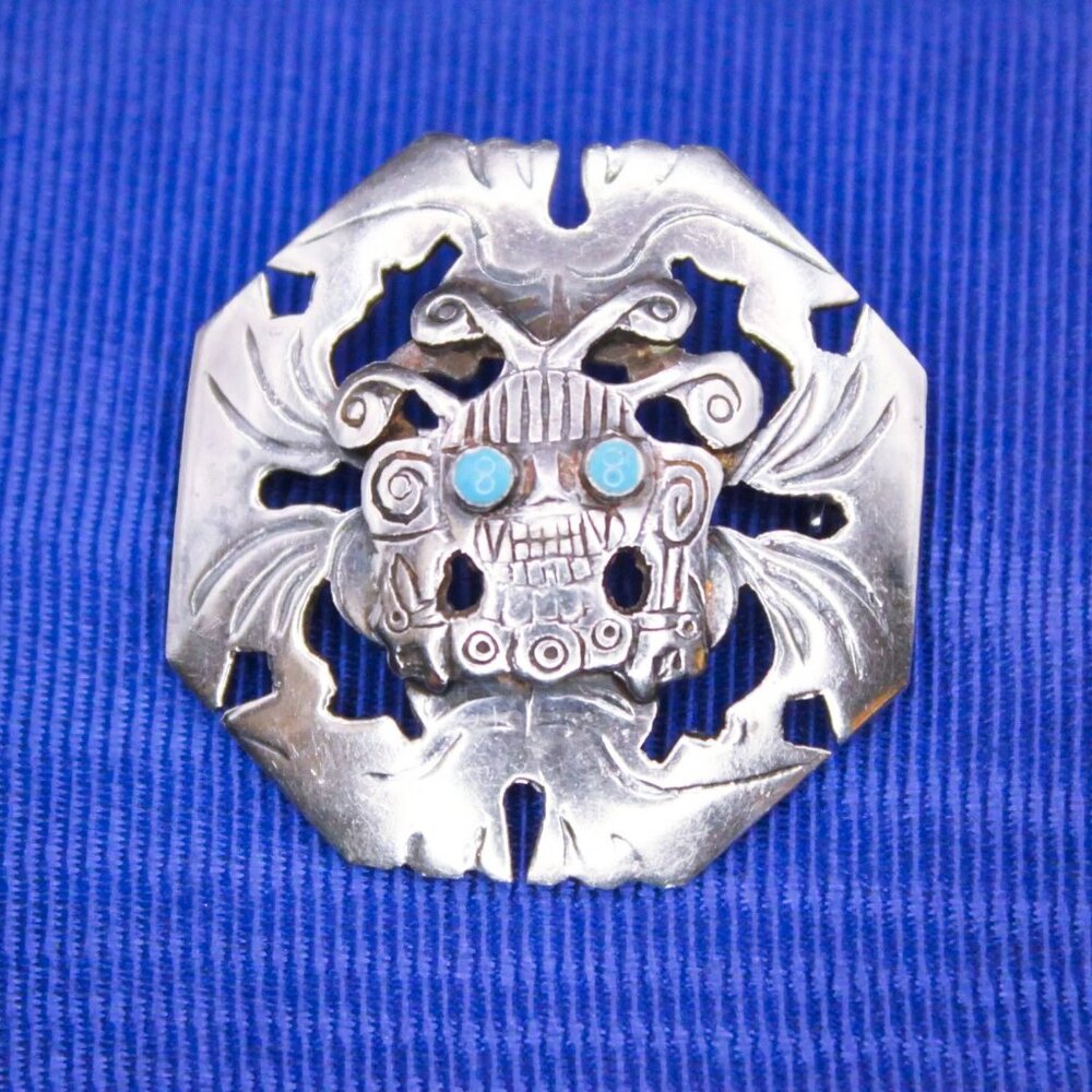 925 Sterling Silver OLD CUZCO PERU Vintage Tribal Face Mask Turquoise Brooch Pin